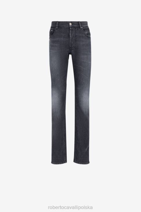 odzież czarny 6D0R962 mężczyźni Roberto Cavalli Lustrzane jeansy slim fit z haftem węża