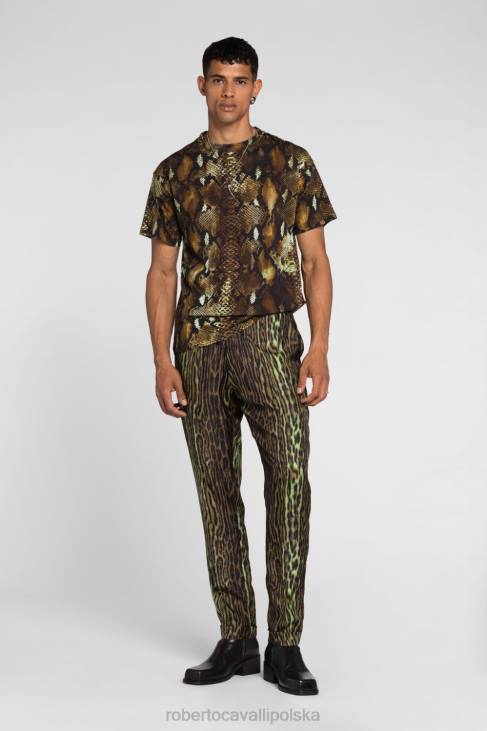 odzież khaki 6D0R1006 mężczyźni Roberto Cavalli Lustrzane spodnie slim-fit w kształcie węża